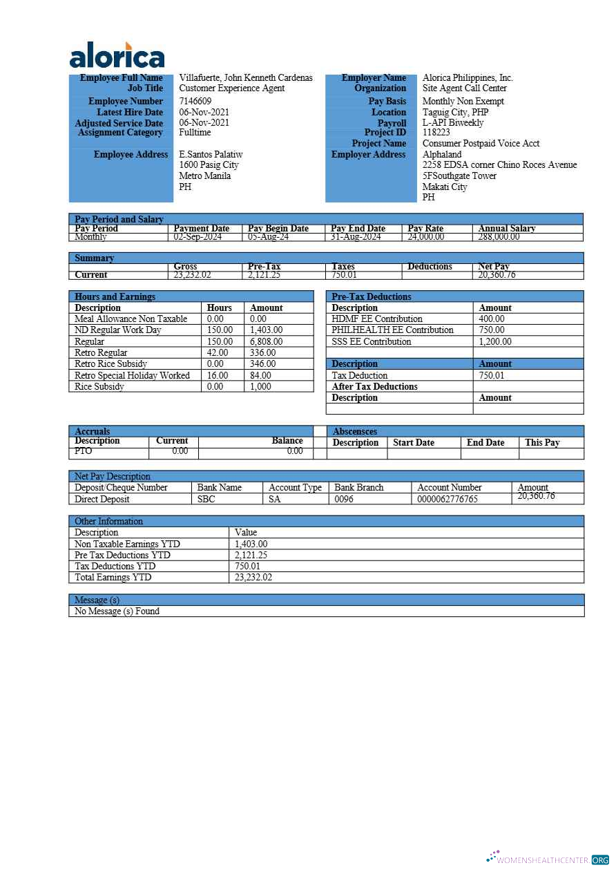 Download Alorica Philippines payslip template in Word and PDF formats.pdf, 3 Photoshop template